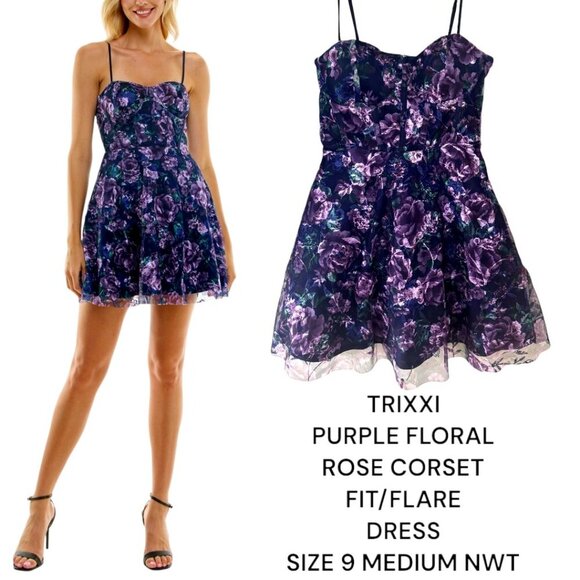 TRIXXI PURPLE FLORAL CORSET MESH FIT FLARE PARTY DRESS SZ. 9 MEDIUM NWT - Picture 1 of 5